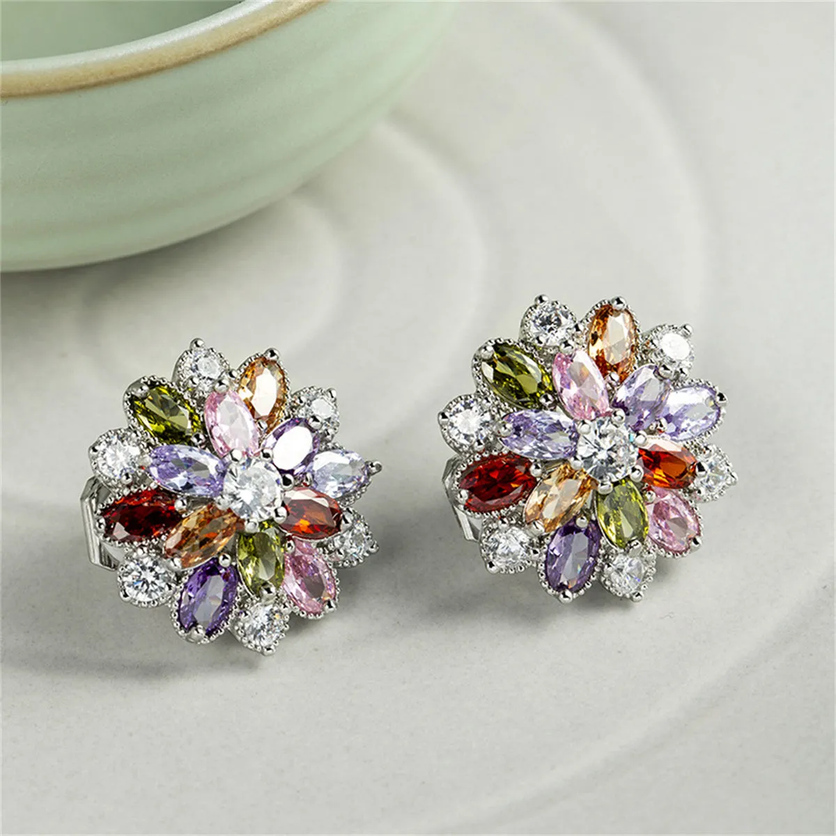 Green Crystal & Cubic Zirconia Floral Stud Earring