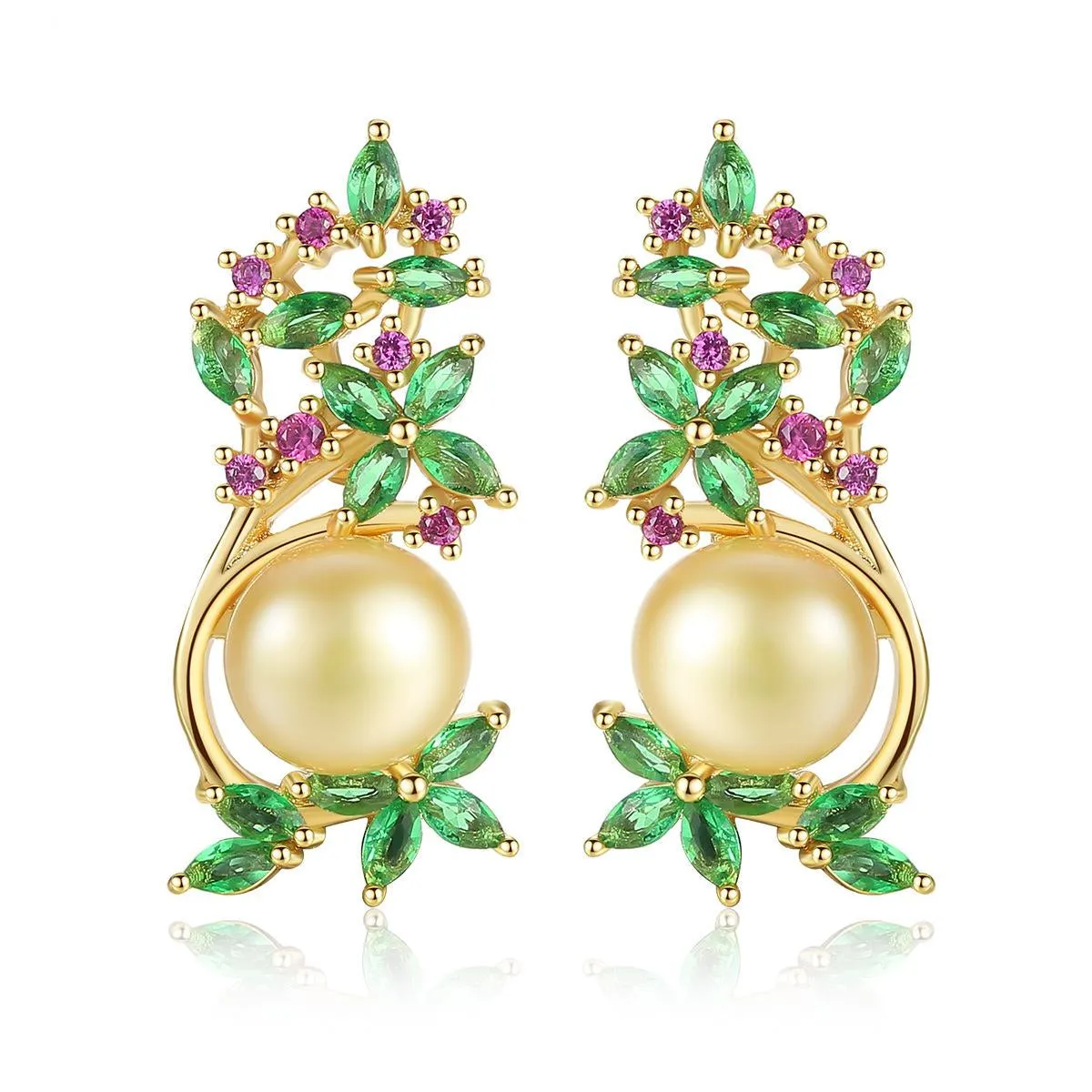 Green Crystal & Cubic Zirconia Pearl Flower Cluster Stud Earrings