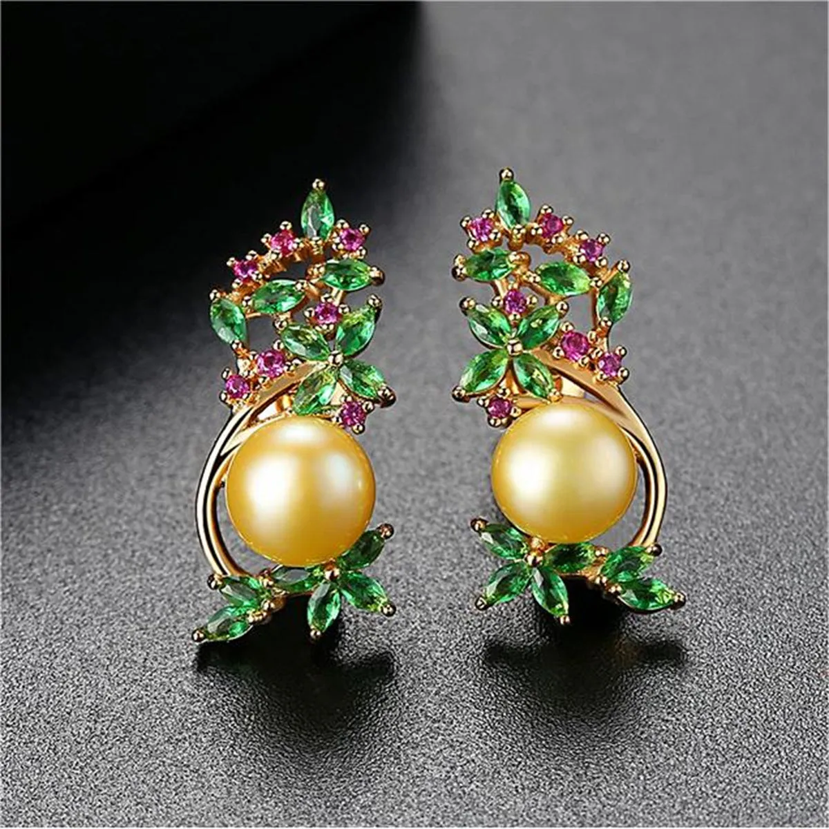 Green Crystal & Cubic Zirconia Pearl Flower Cluster Stud Earrings