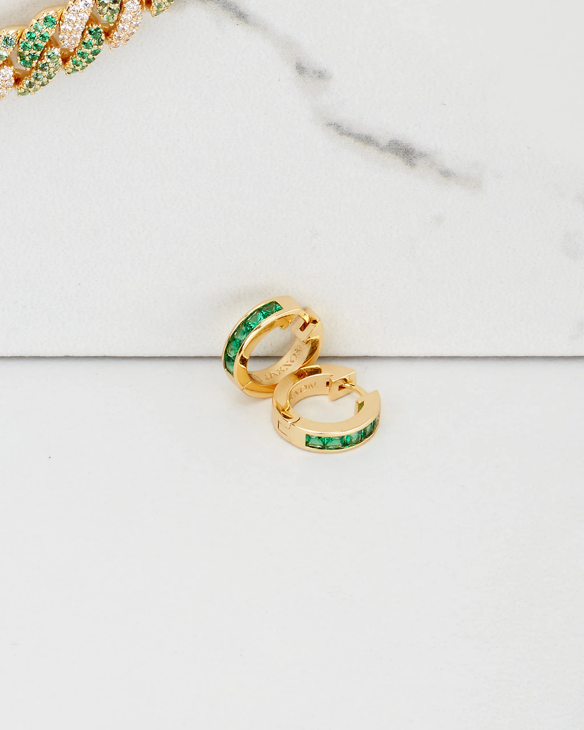 Green Emerald Cut Inset Hoop Earrings