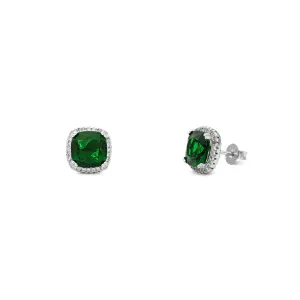 Green Radiant-Cut Cushion Halo Stud Earrings (Silver)