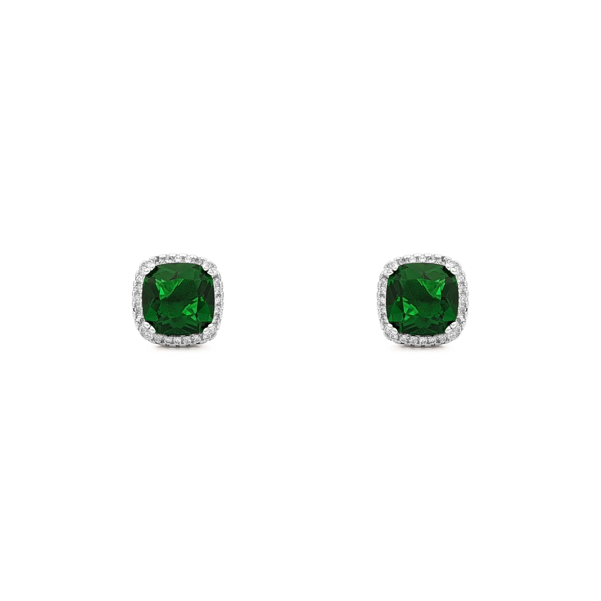 Green Radiant-Cut Cushion Halo Stud Earrings (Silver)