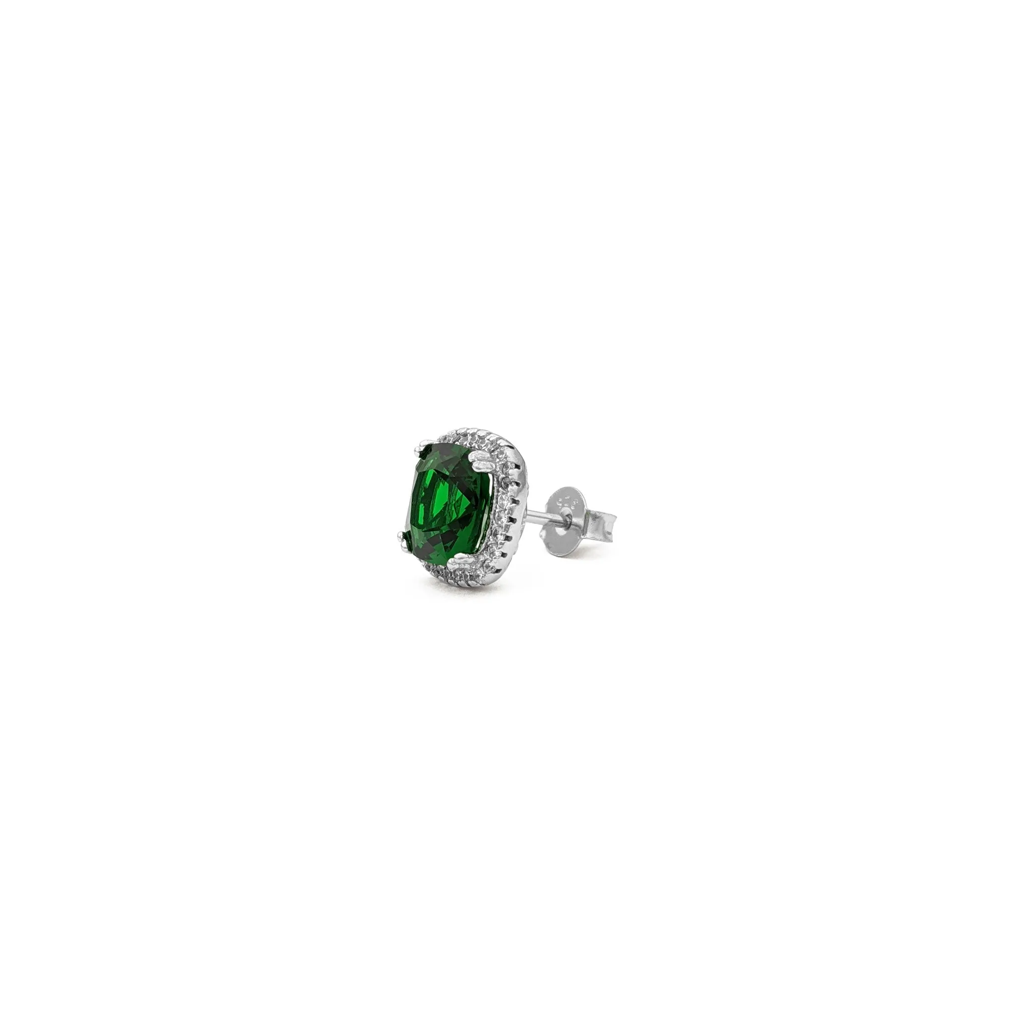 Green Radiant-Cut Cushion Halo Stud Earrings (Silver)