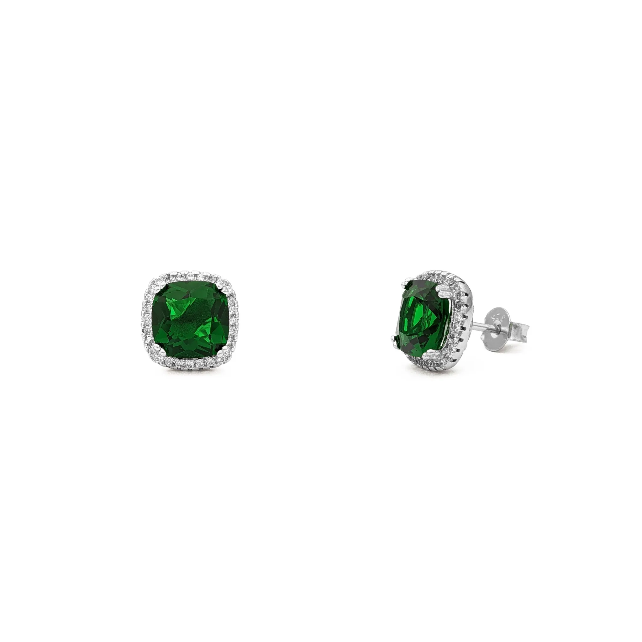 Green Radiant-Cut Cushion Halo Stud Earrings (Silver)