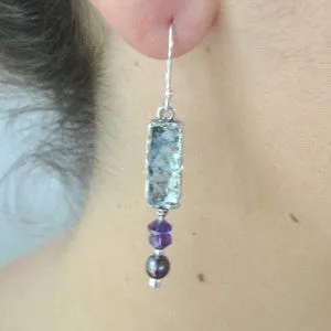 Hadar Designers Israel Sterling Silver Pearl Amethyst Roman Glass Earrings (as)