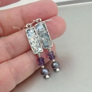 Hadar Designers Israel Sterling Silver Pearl Amethyst Roman Glass Earrings (as)