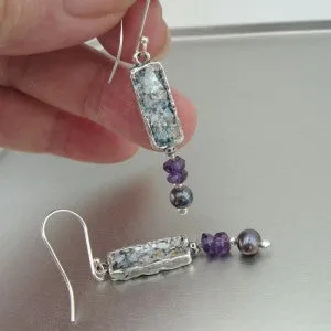 Hadar Designers Israel Sterling Silver Pearl Amethyst Roman Glass Earrings (as)