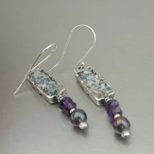 Hadar Designers Israel Sterling Silver Pearl Amethyst Roman Glass Earrings (as)