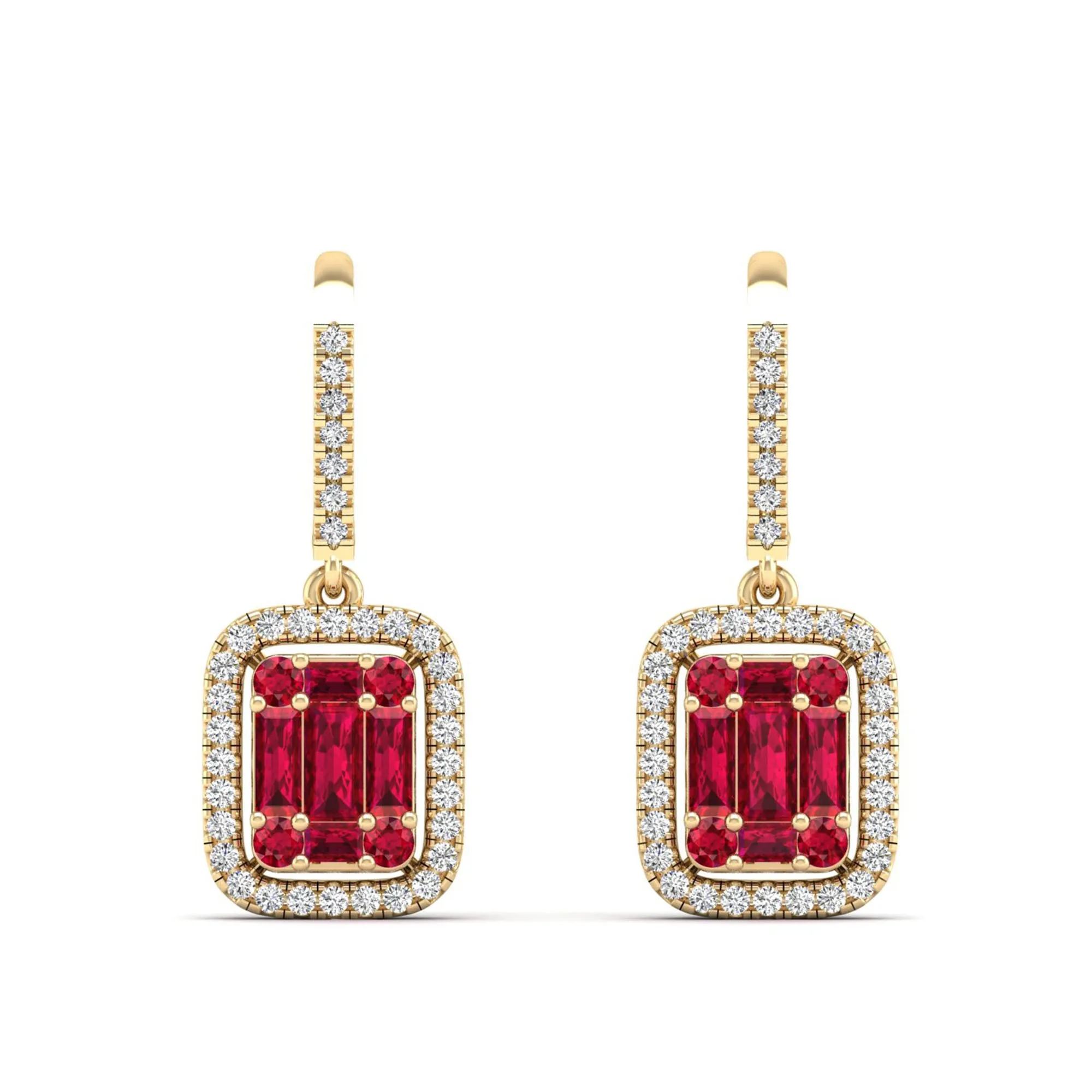 Halo Round and Baguette Ruby and Diamond Dangle Earrings