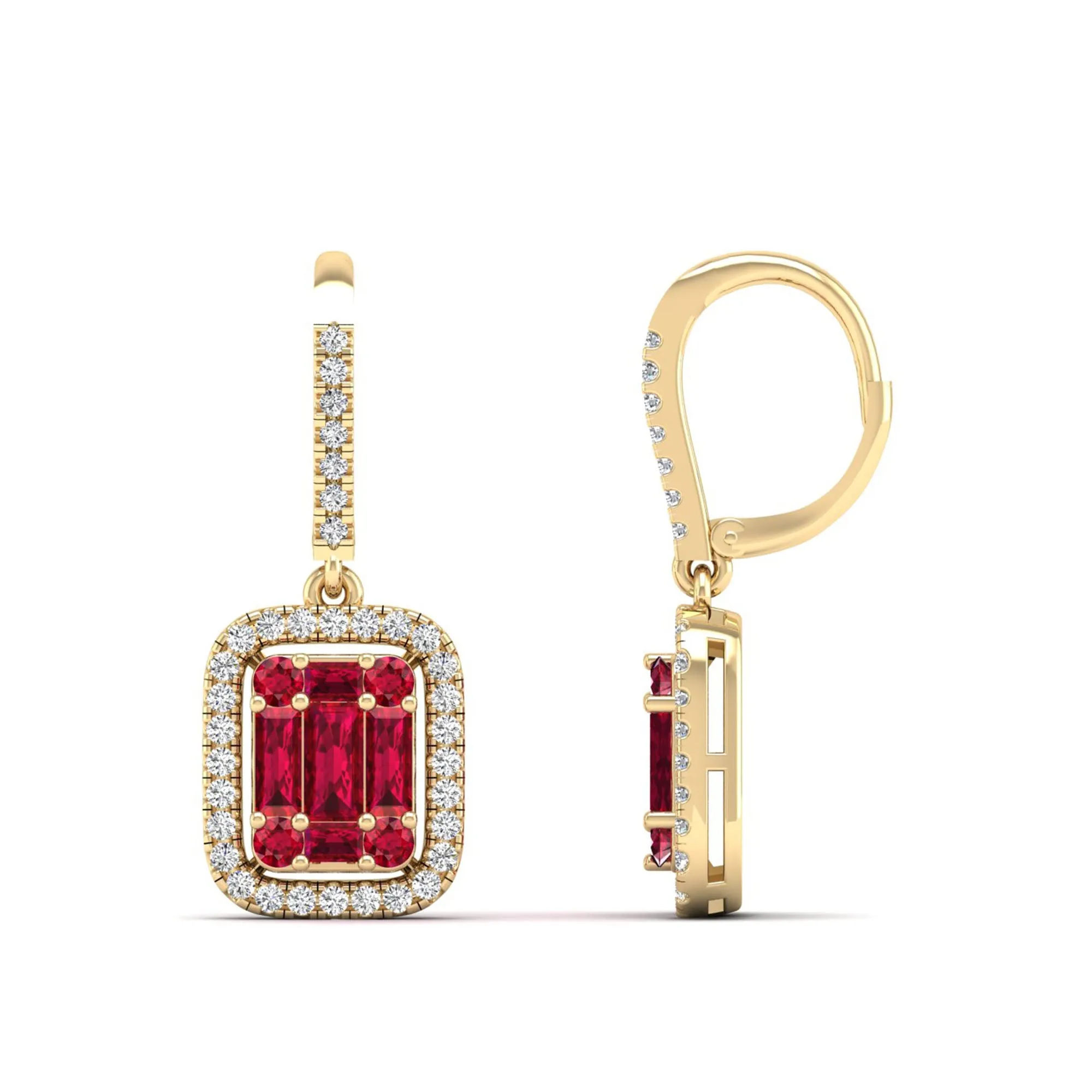 Halo Round and Baguette Ruby and Diamond Dangle Earrings