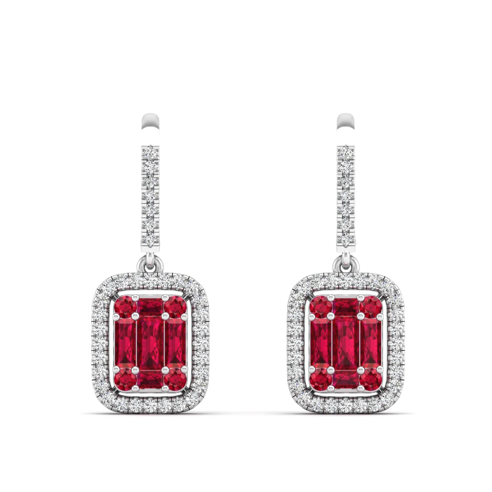 Halo Round and Baguette Ruby and Diamond Dangle Earrings