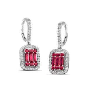 Halo Round and Baguette Ruby and Diamond Dangle Earrings