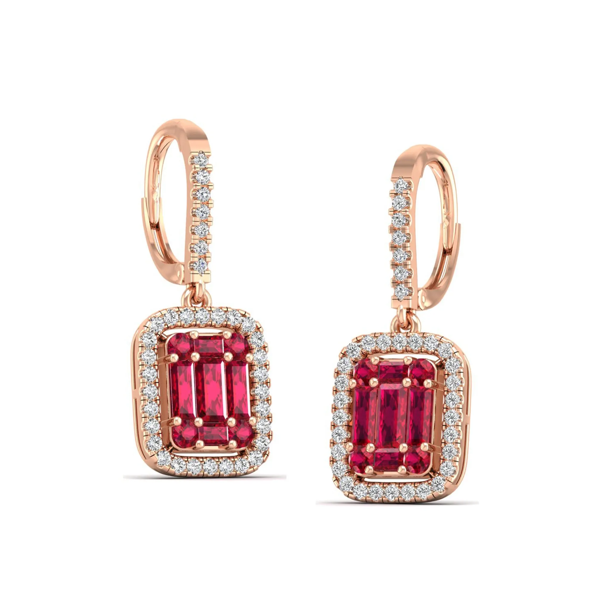 Halo Round and Baguette Ruby and Diamond Dangle Earrings