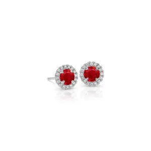 Halo Studs Earrings Gold White Round Cut 3.80 Ct. Ruby With Natural Earth Mined Diamonds