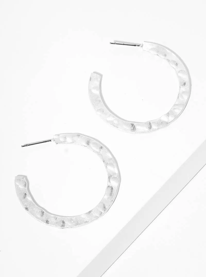 Hammered Flat Round Metal Hoop Earrings in Silver