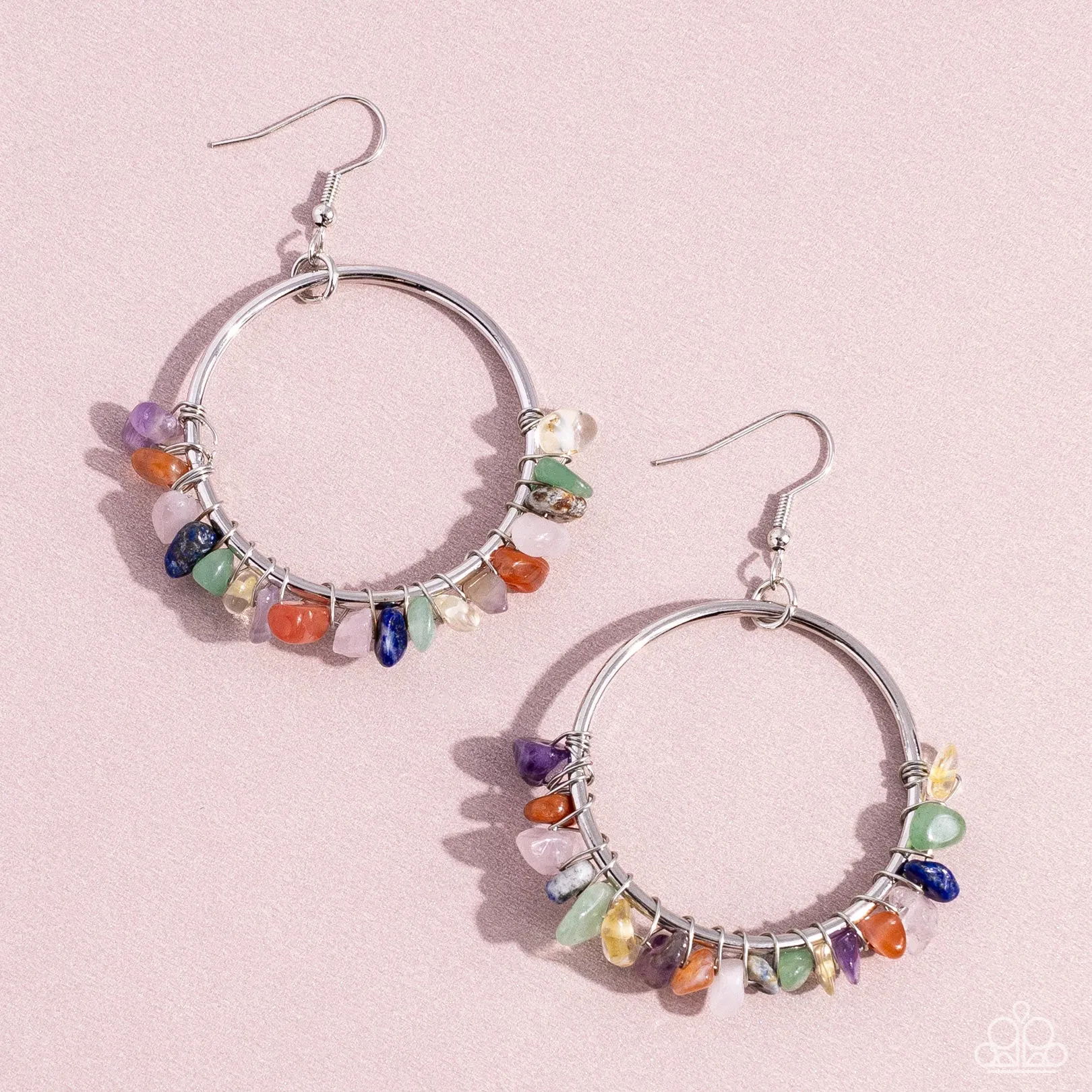 Handcrafted Habitat - Multi - Colored Stone Silver Hoop Paparazzi Fishhook Earrings