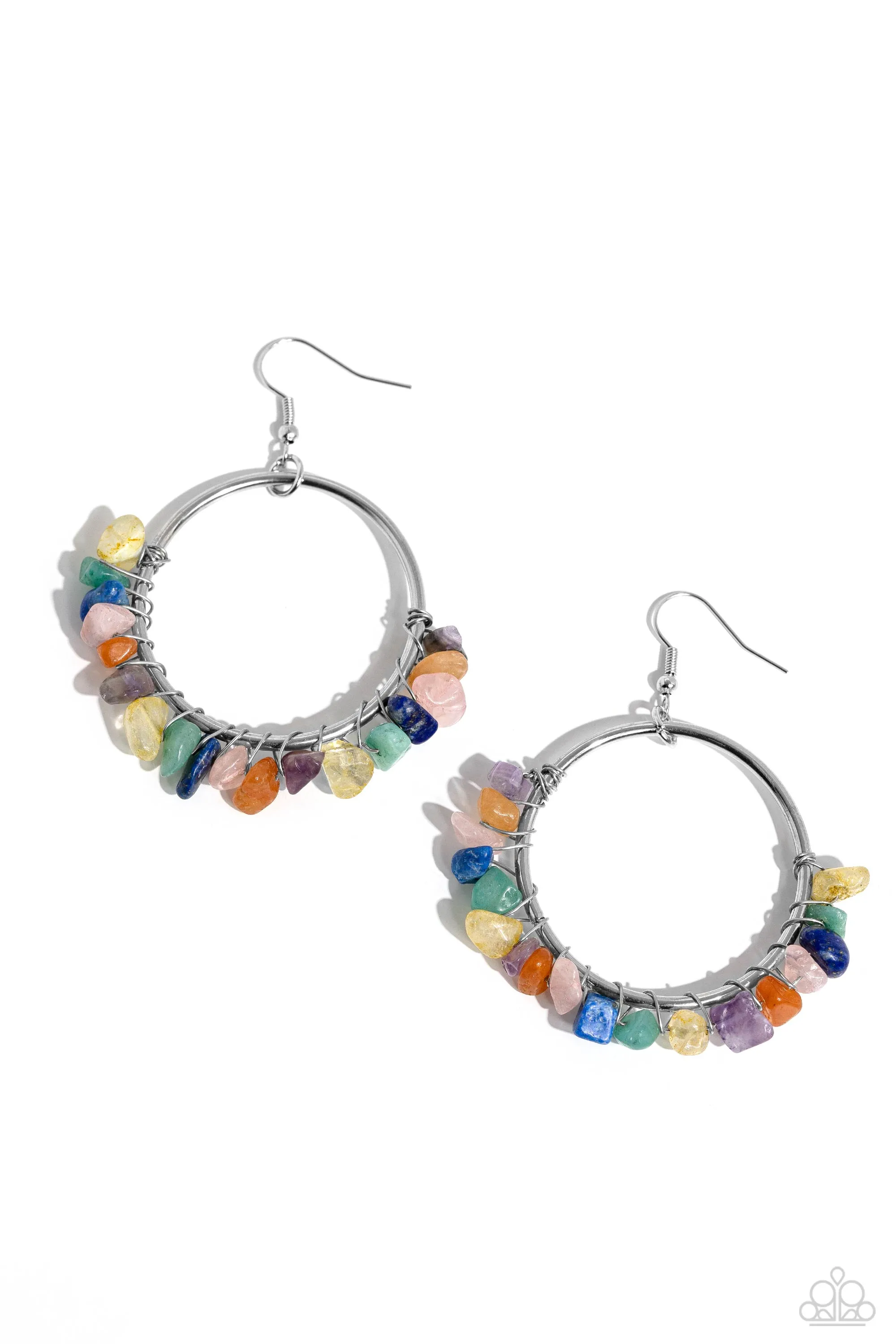 Handcrafted Habitat - Multi - Colored Stone Silver Hoop Paparazzi Fishhook Earrings