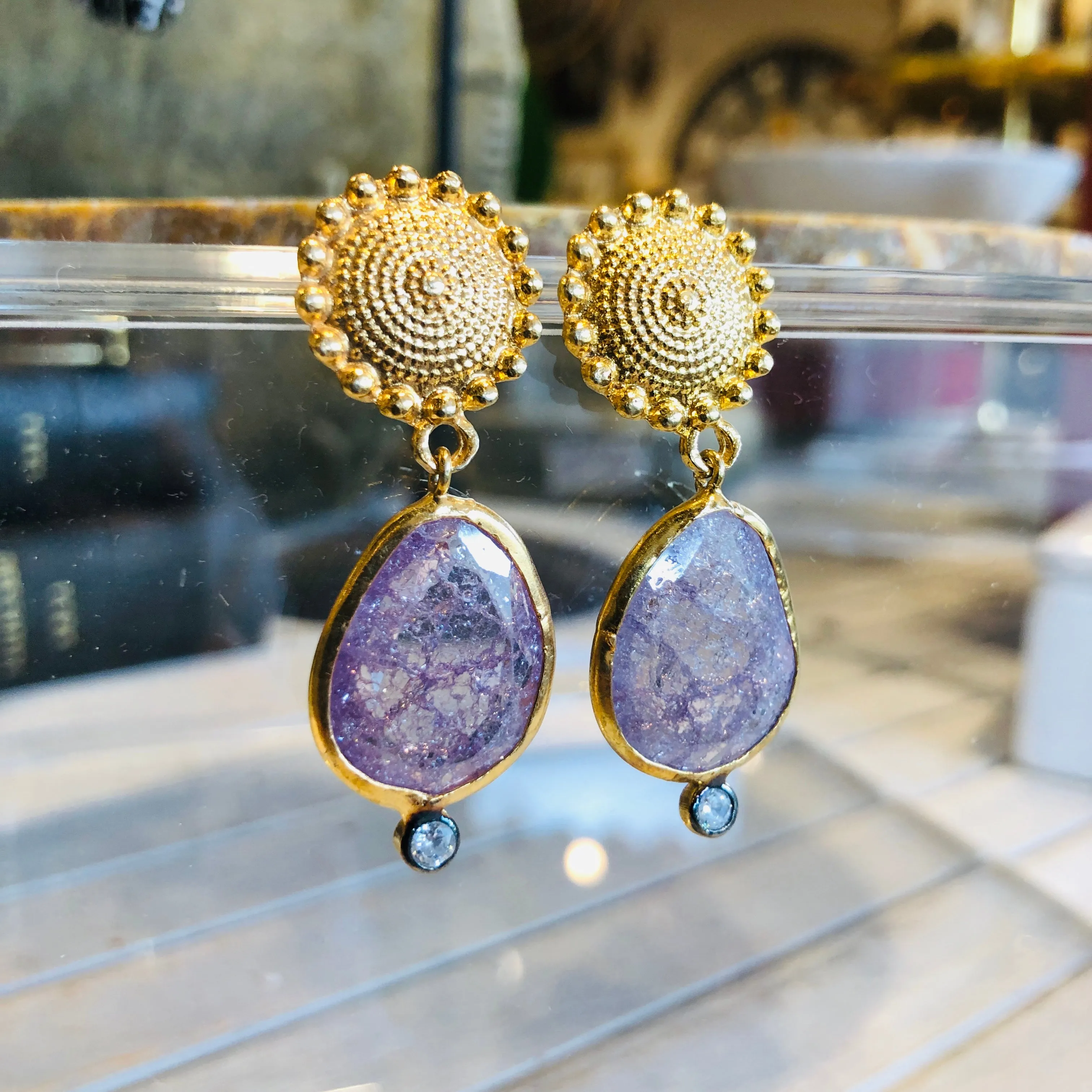 Handmade Gold & Amethyst Crackle Drop Earrings from Istanbul