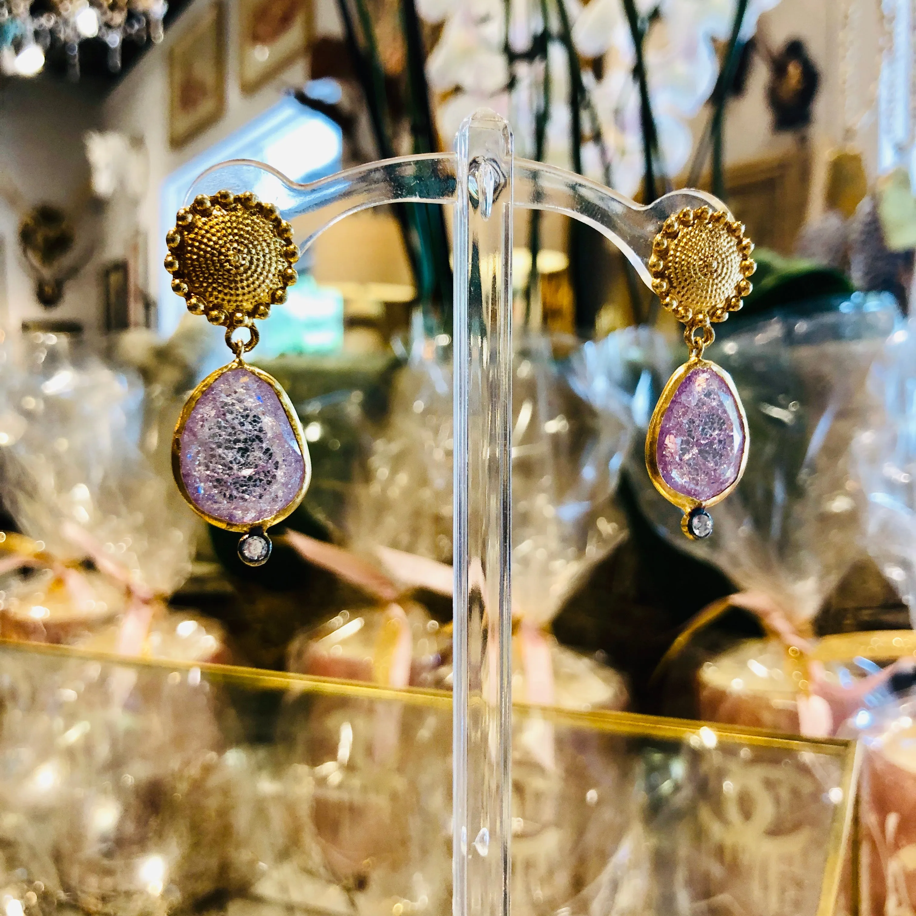 Handmade Gold & Amethyst Crackle Drop Earrings from Istanbul
