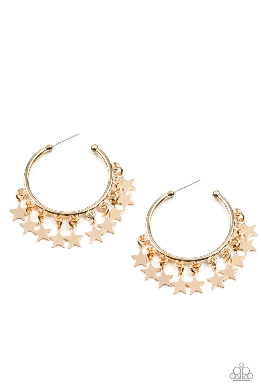 Happy Independence Day - Gold - Star Charm Patriotic Paparazzi Hoop Earrings