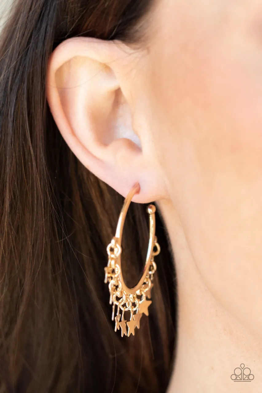 Happy Independence Day - Gold - Star Charm Patriotic Paparazzi Hoop Earrings