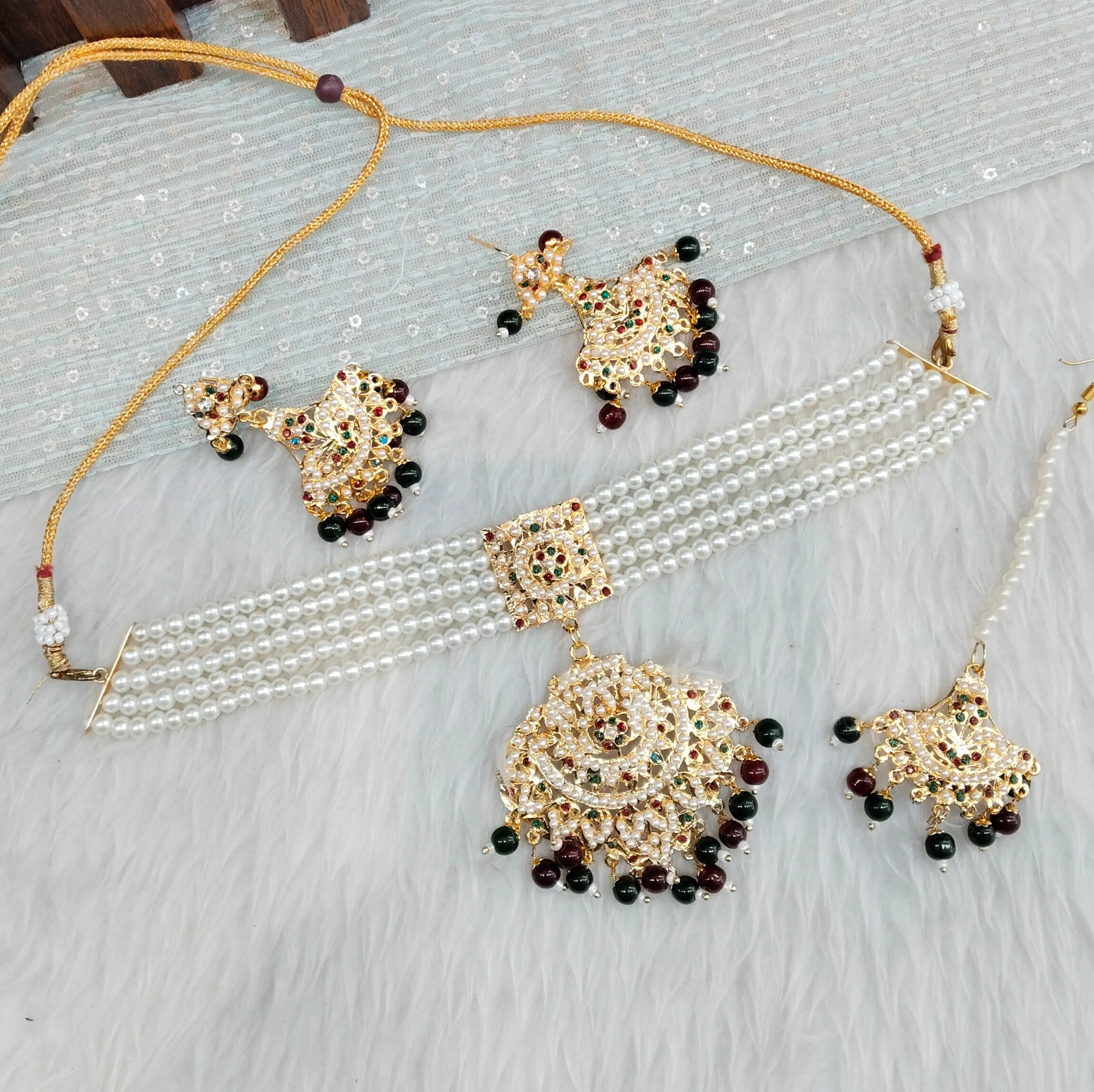 Indian Ruby Green Jadau Choker Jewellery  Set