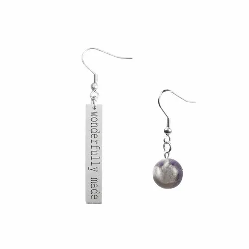Inspirational Amethyst Mismatched Earrings - Made in USA with Stainless Steel and 12mm Stones