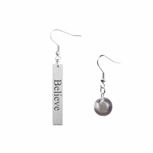 Inspirational Amethyst Mismatched Earrings - Made in USA with Stainless Steel and 12mm Stones
