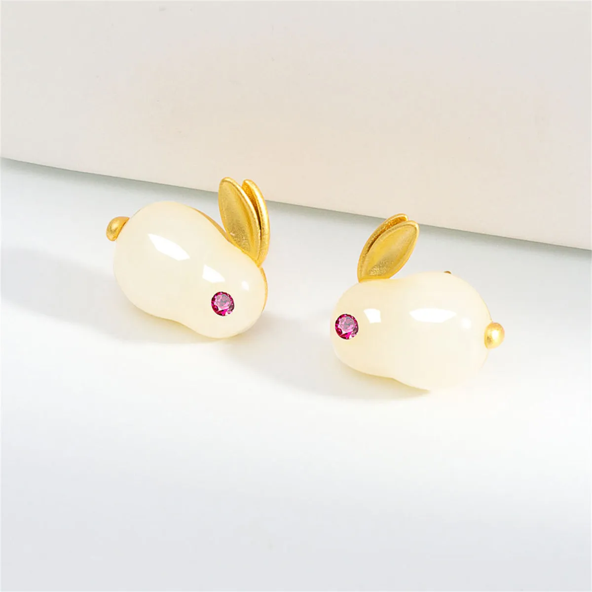 Jade & Red Cubic Zirconia 18K Gold-Plated Rabbit Stud Earrings