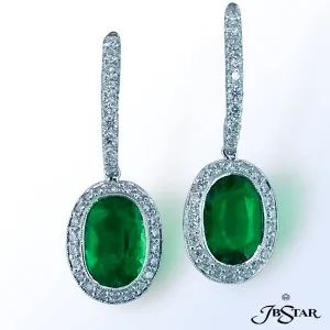 JB STAR EMERALD PLATINUM DIAMOND DROP EARRINGSCENTER: OVAL EMERALD 3.32 CT. TW.DIAMONDS: 1.01 CT