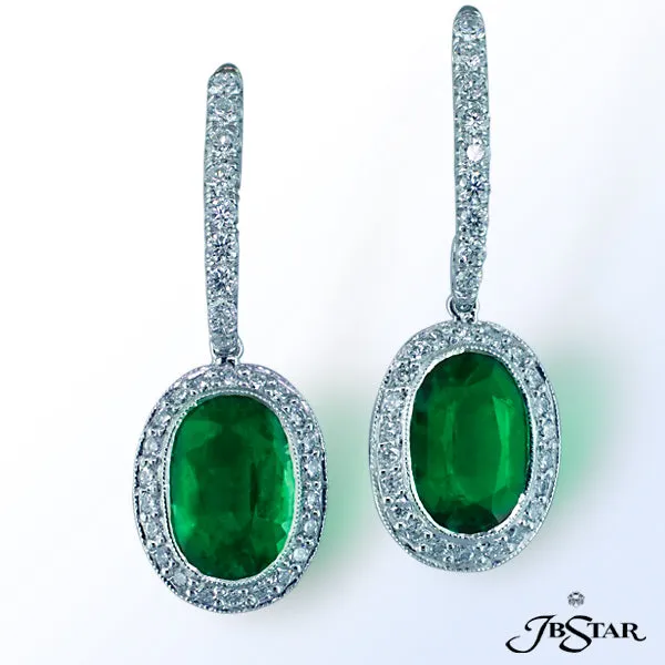 JB STAR EMERALD PLATINUM DIAMOND DROP EARRINGSCENTER: OVAL EMERALD 3.32 CT. TW.DIAMONDS: 1.01 CT