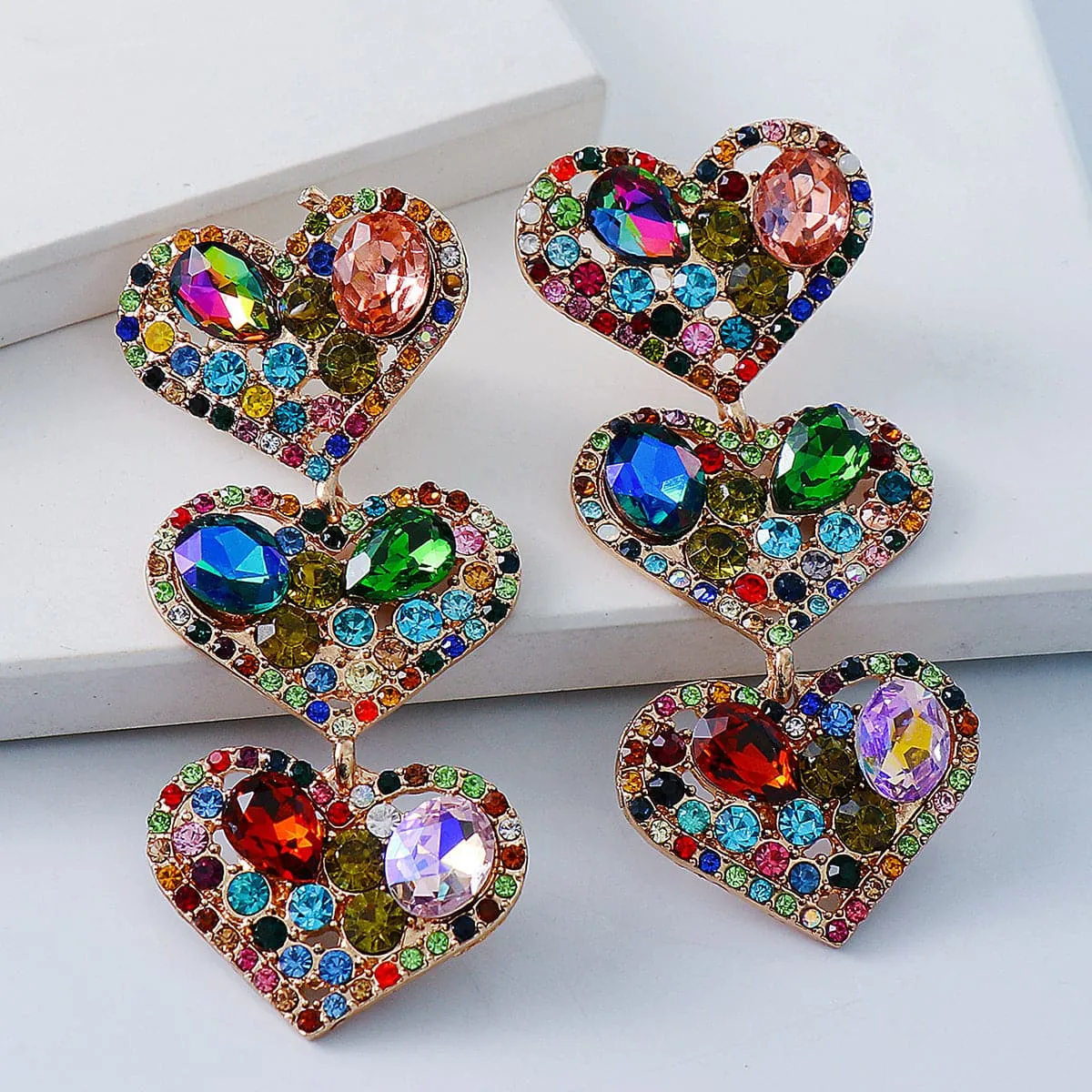 Jewel-Tone & 18K Gold-Plated Tiered Heart Drop Earrings