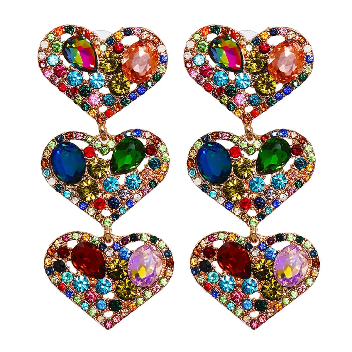 Jewel-Tone & 18K Gold-Plated Tiered Heart Drop Earrings
