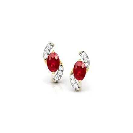 Ladies Studs Earrings 2.60 Carats Ruby And Natural Earth Mined Diamonds New Yellow Gold