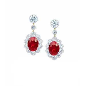 Lady Dangle Earrings 8.10 Carats Ruby And Natural Earth Mined Diamonds Gold 14K