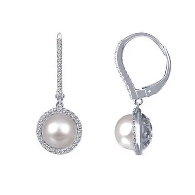 Lafonn Sterling Silver Platinum Plated Simulated Diamonds and Cultured Freshwater Pearl Dangle Earrings