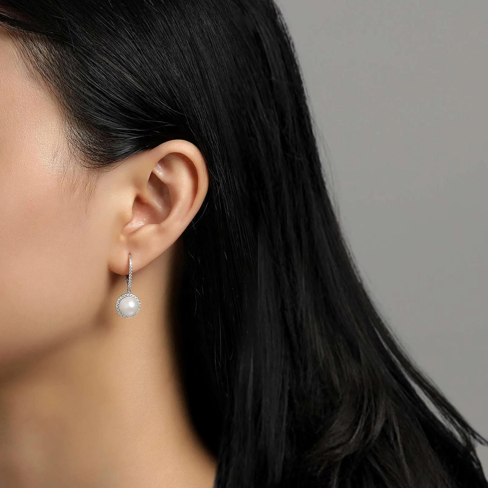 Lafonn Sterling Silver Platinum Plated Simulated Diamonds and Cultured Freshwater Pearl Dangle Earrings