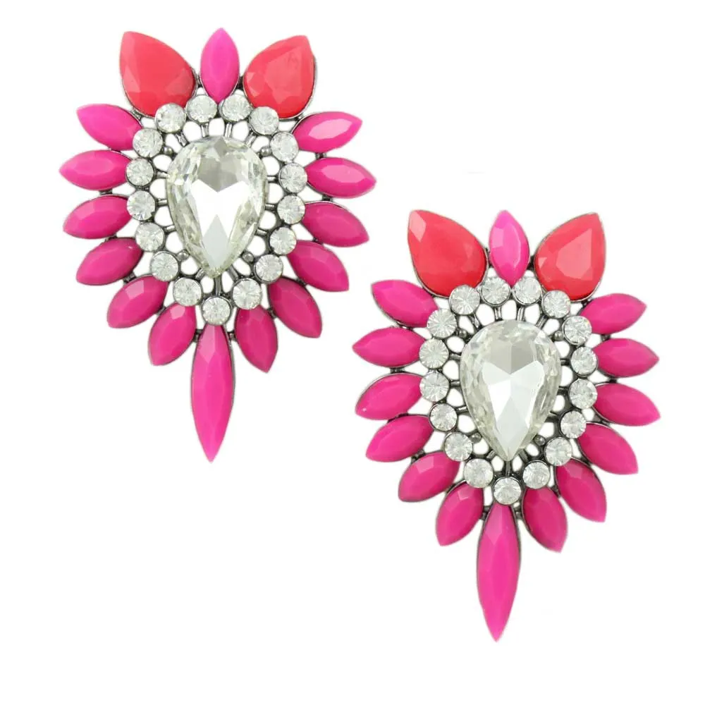 Large Hot Pink Acrylic and Crystal Pierced Earring - REC416