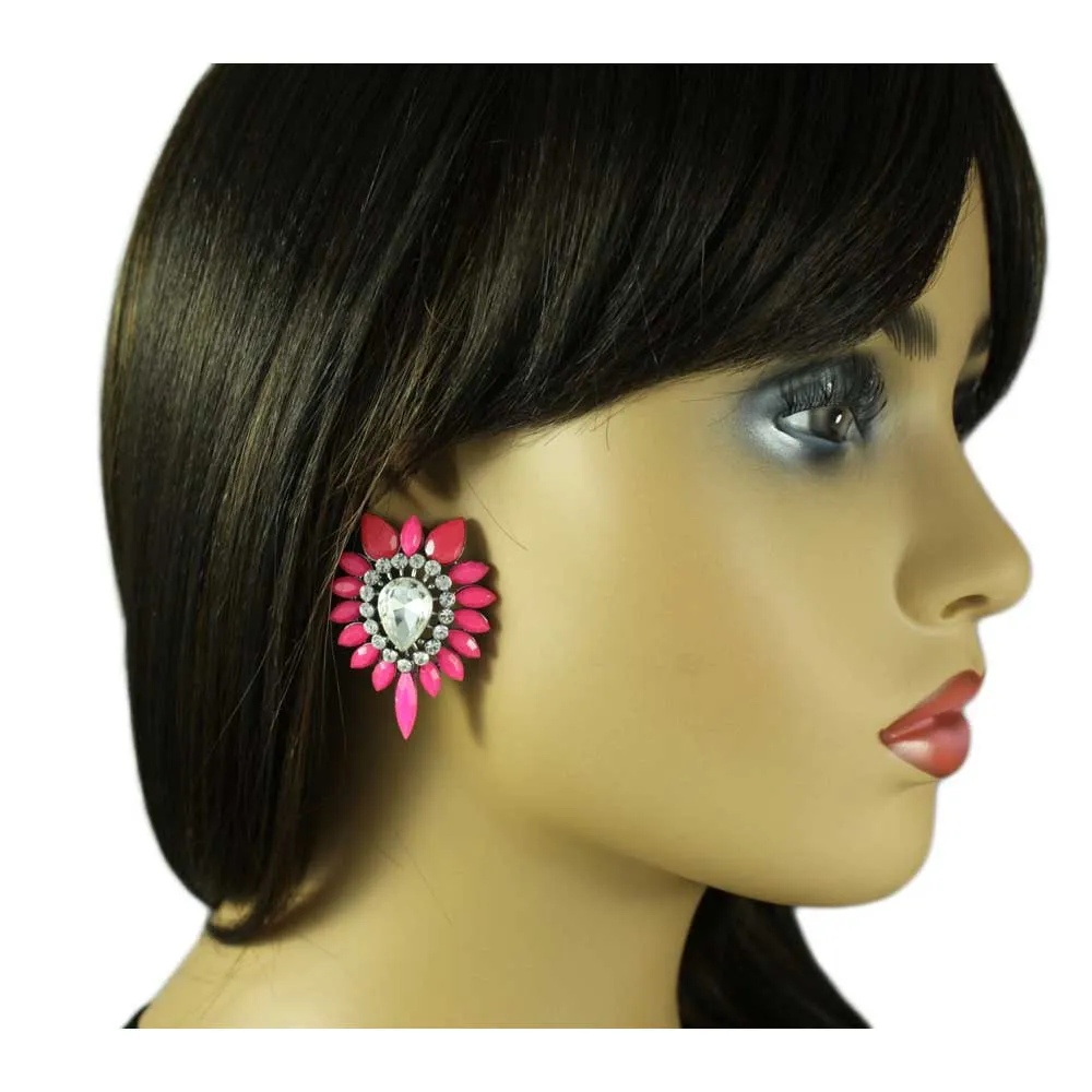 Large Hot Pink Acrylic and Crystal Pierced Earring - REC416