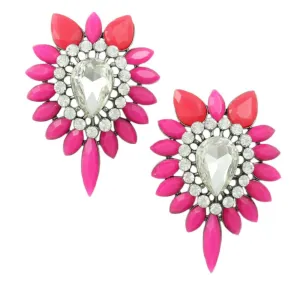Large Hot Pink Acrylic and Crystal Pierced Earring - REC416