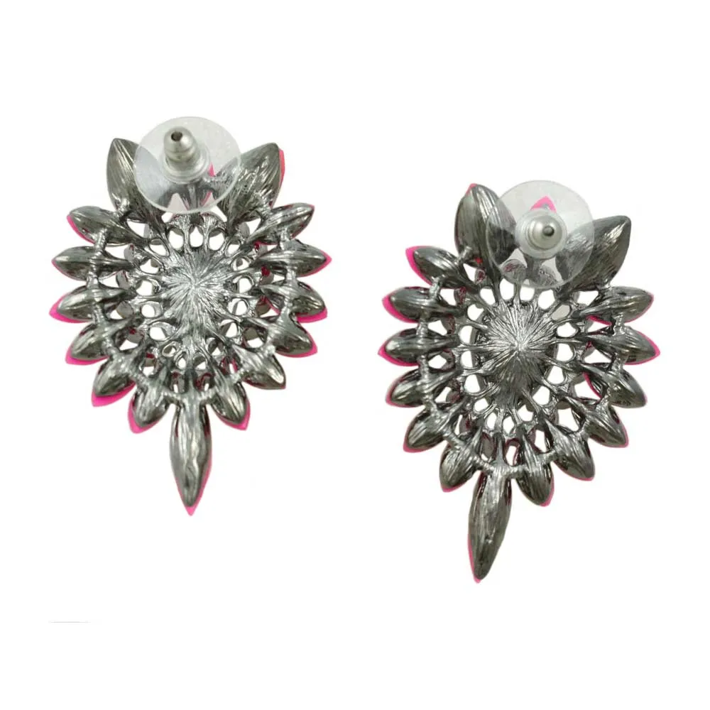 Large Hot Pink Acrylic and Crystal Pierced Earring - REC416