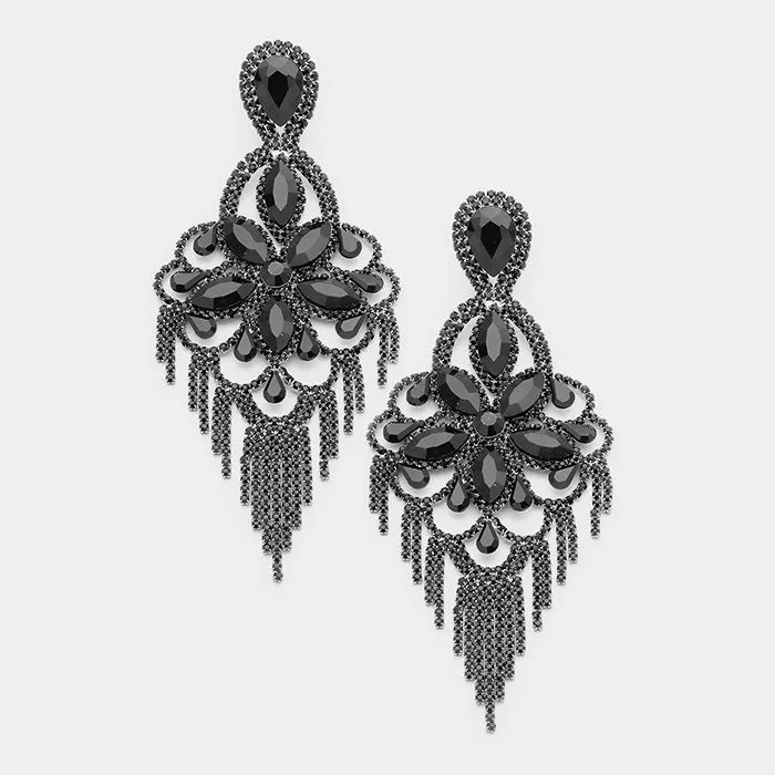 Large Light Weight Jet Black Crystal Flower Fringe Earrings | 540170