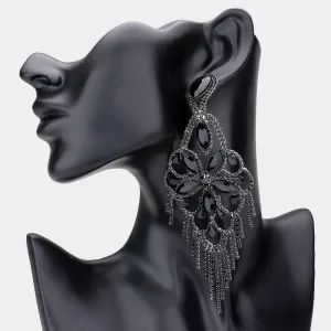 Large Light Weight Jet Black Crystal Flower Fringe Earrings | 540170