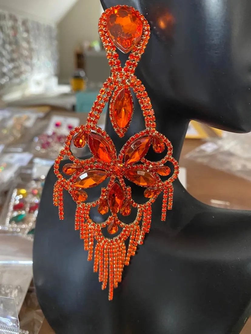 Large Light Weight Jet Black Crystal Flower Fringe Earrings | 540170