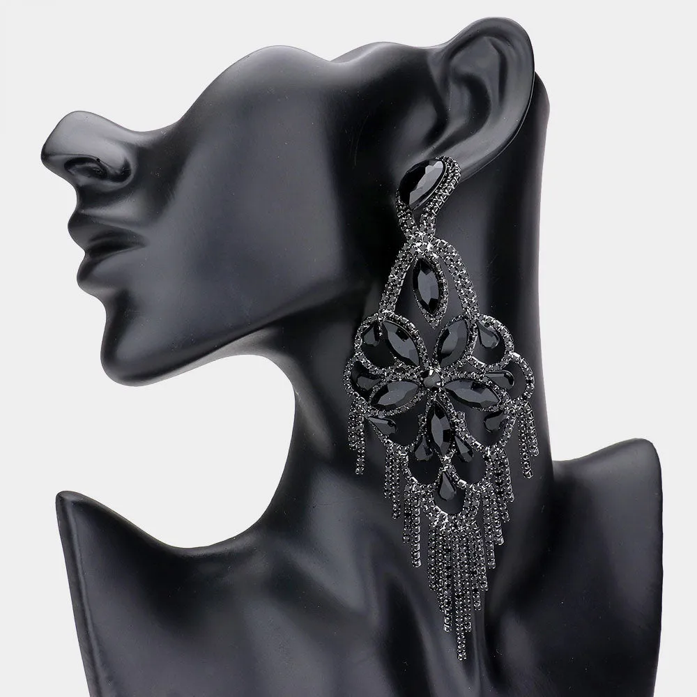 Large Light Weight Jet Black Crystal Flower Fringe Earrings | 540170