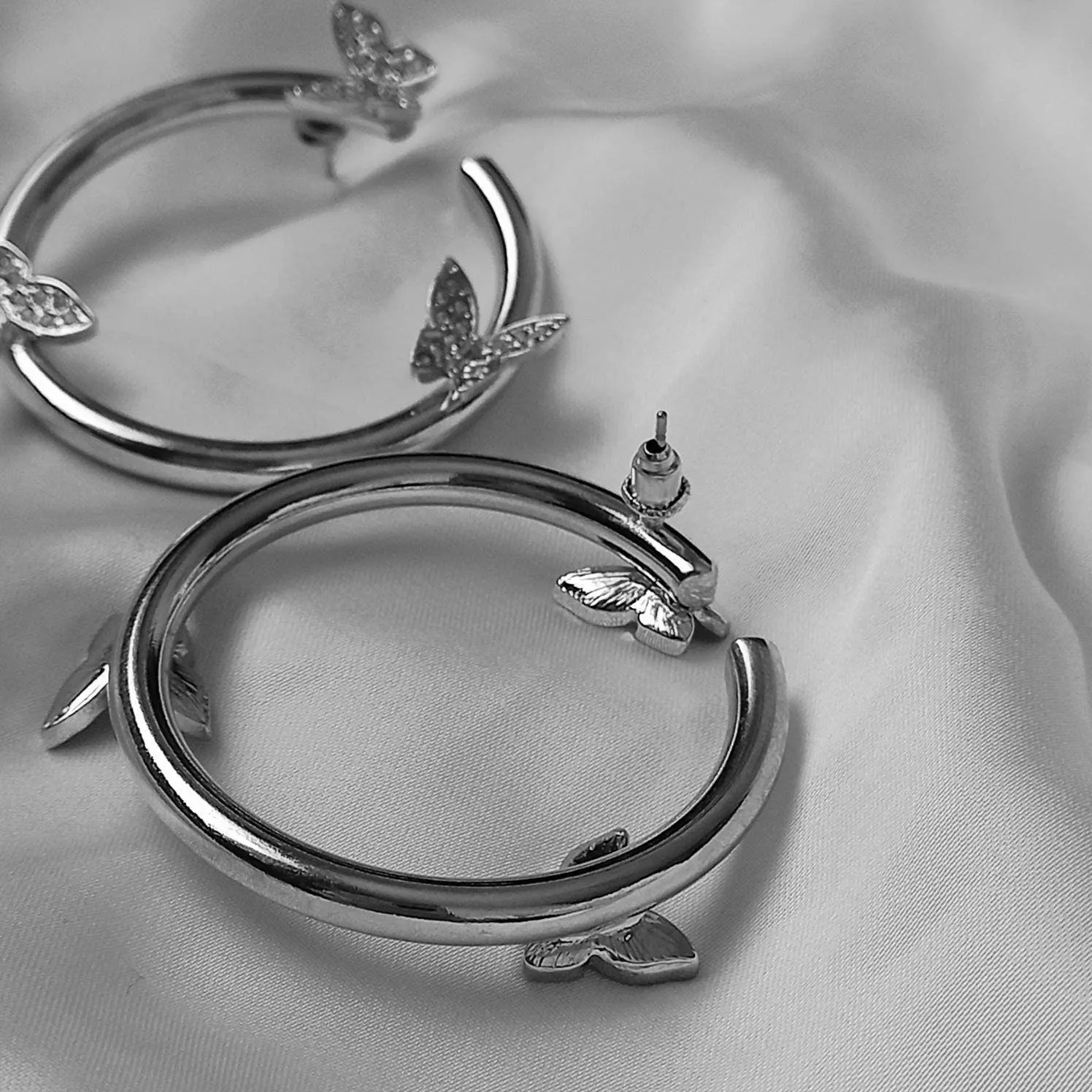 Large Silver Butterfly Hoop Earrings - Hoop Earrings,Butterfly Earrings,Hoop Earrings,Chunky Earrings,Silver Earrings,Silver Jewellery