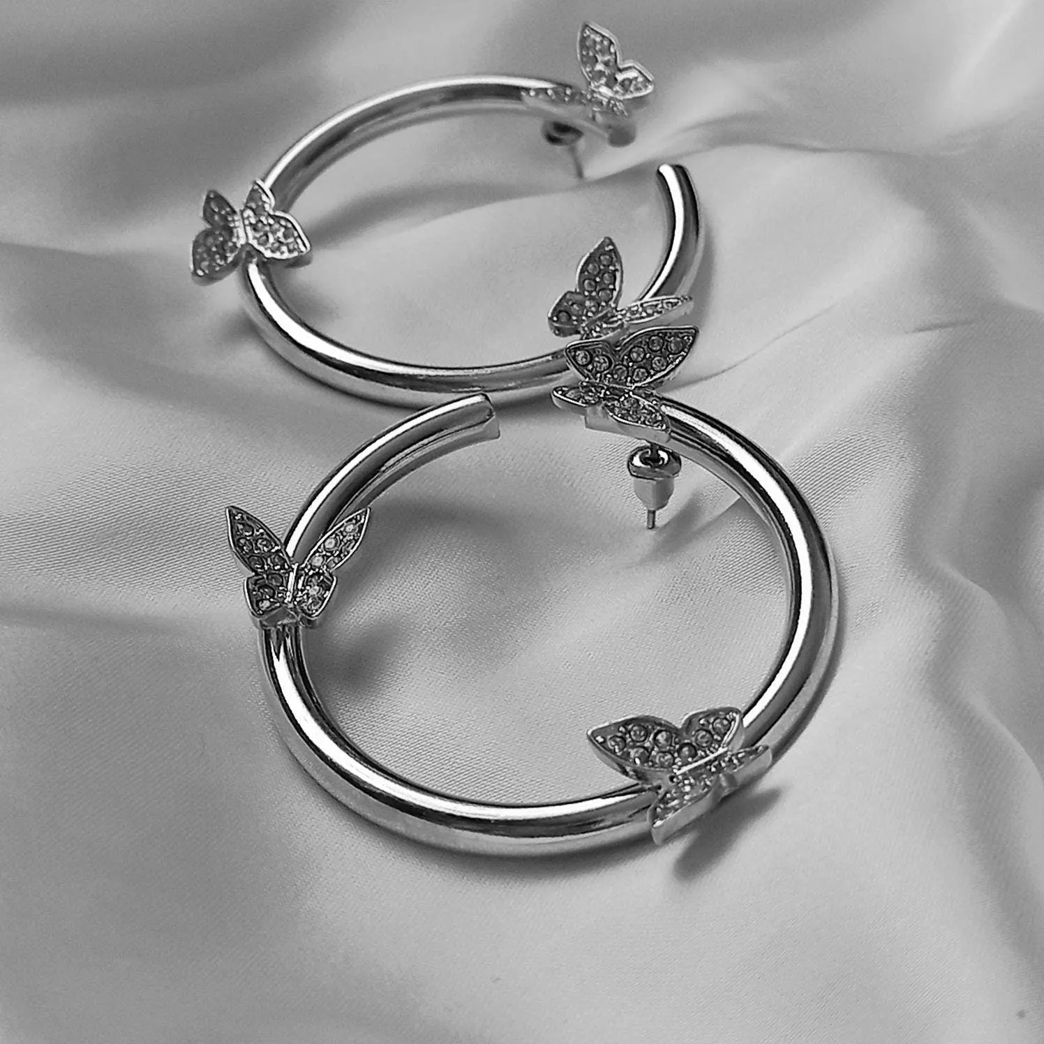 Large Silver Butterfly Hoop Earrings - Hoop Earrings,Butterfly Earrings,Hoop Earrings,Chunky Earrings,Silver Earrings,Silver Jewellery