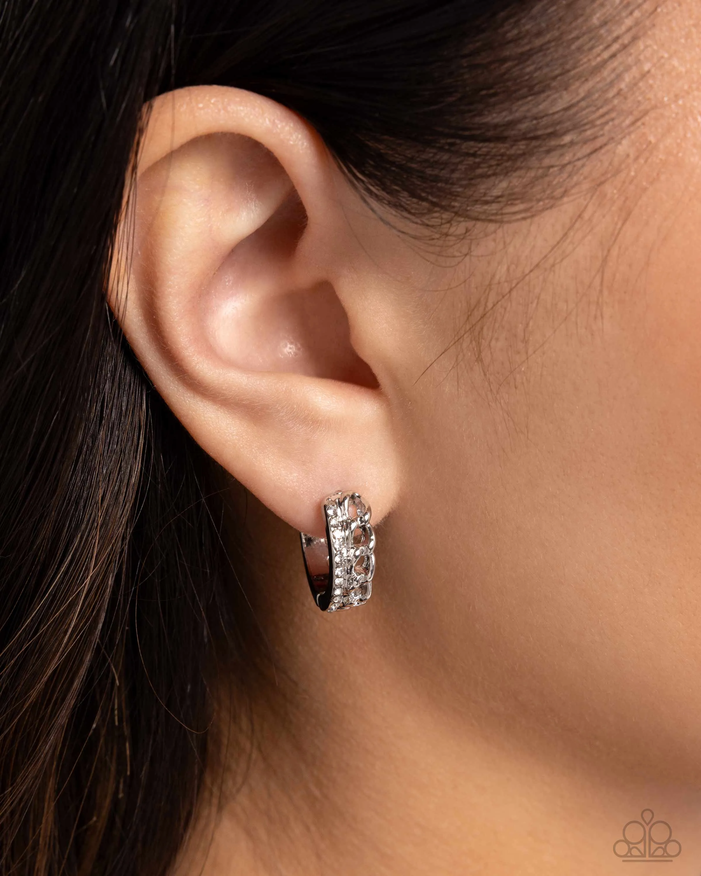 Lethal Layers - White - Rhinestone Silver Chain Paparazzi Hinge Hoop Earrings