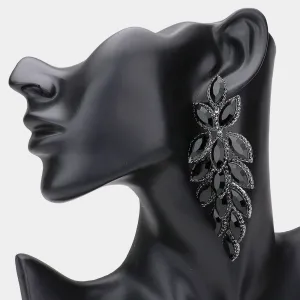 Long Black Crystal Marquise Leaf Stone Pageant Earrings | Prom Earrings |  533181