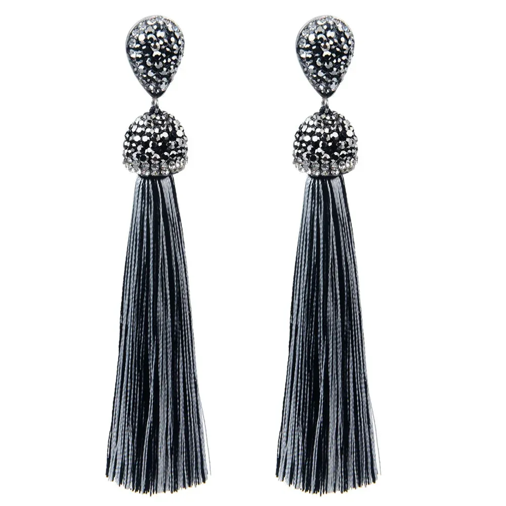 Long Tassel Earrings Handmade Bohemian Unusual Silk Crystal Dangle Drop Hanging Earrings
